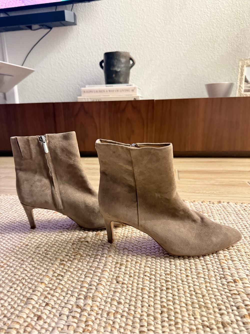 Sam Edelman Taupe Suede Pointed-Toe Kitten Heel Ankle Booties (Size 6.5)